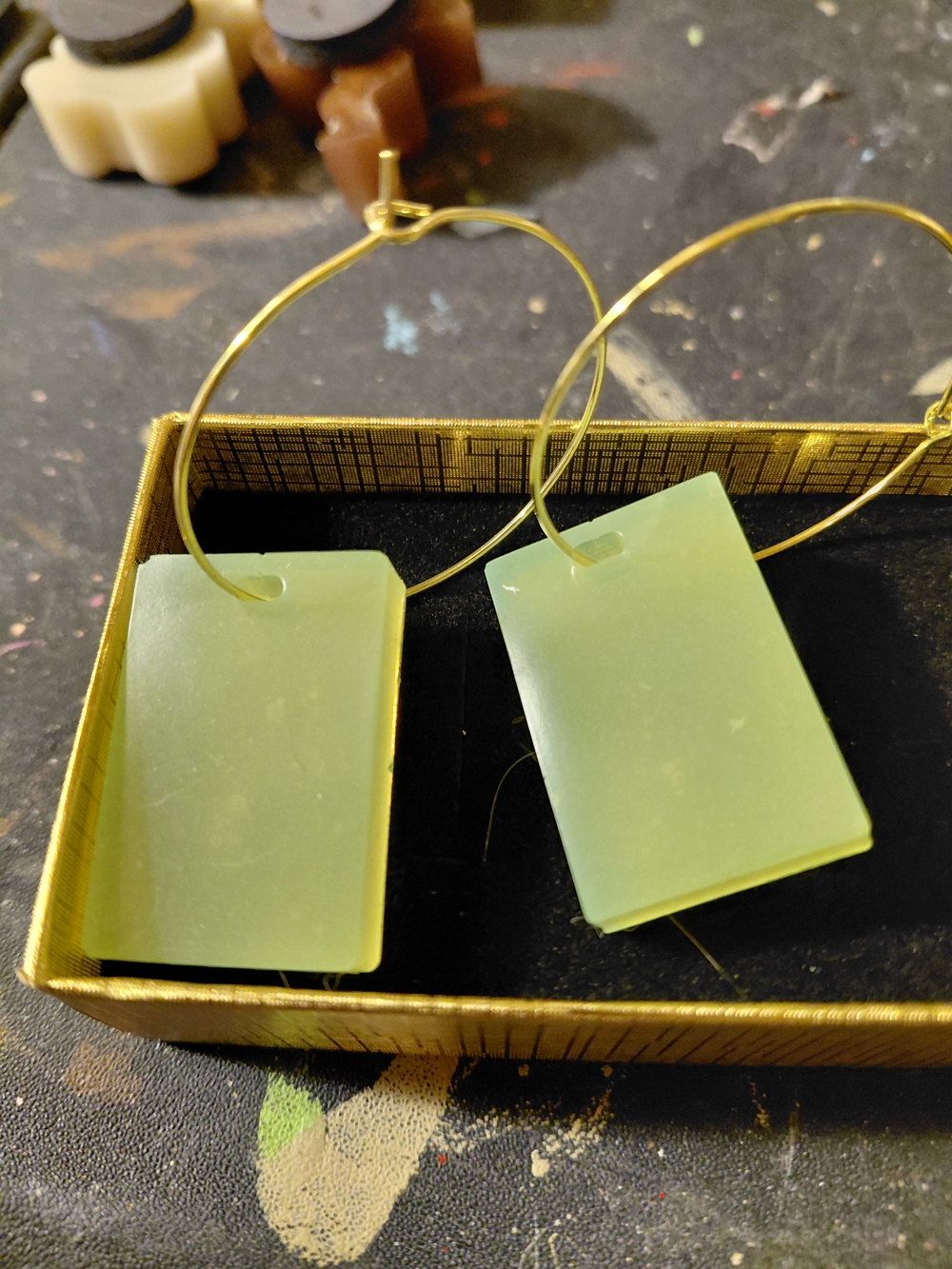 Gold Hoop Earrings with Pale Green Rectangular Pendants